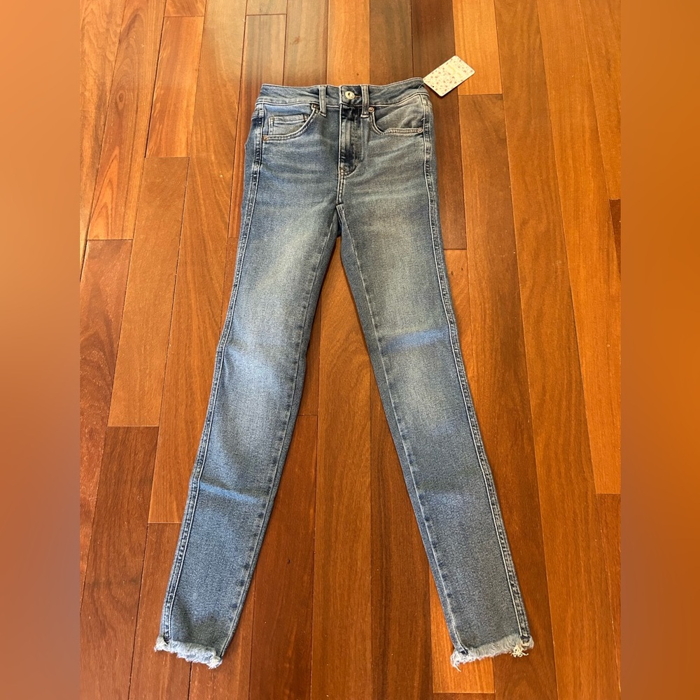 Free People Washed Blue Skinny Jeans with Frayed Hem